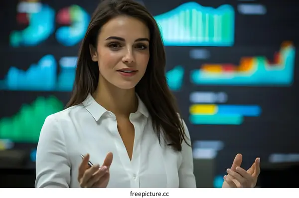 Woman Presenting Business Data Analysis on Screen