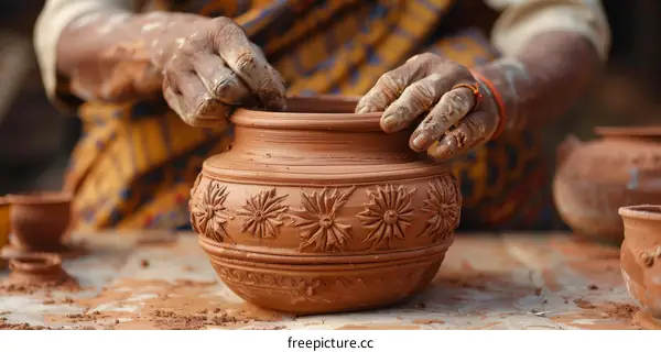 Indian potter making clay pots with hands