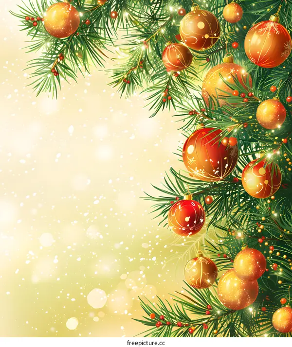Christmas background with fir branches and red and gold balls