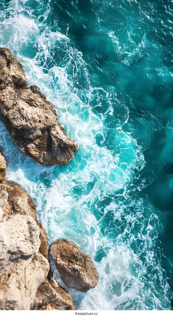 Aerial View of Ocean Waves Crashing on Rocks