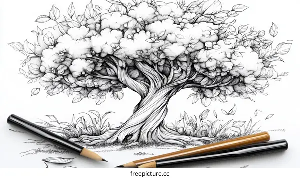 Detailed Pen and Ink Drawing of a Majestic Tree
