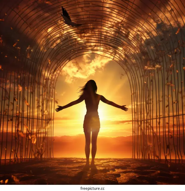 A woman standing in a cage with her arms outstretched.