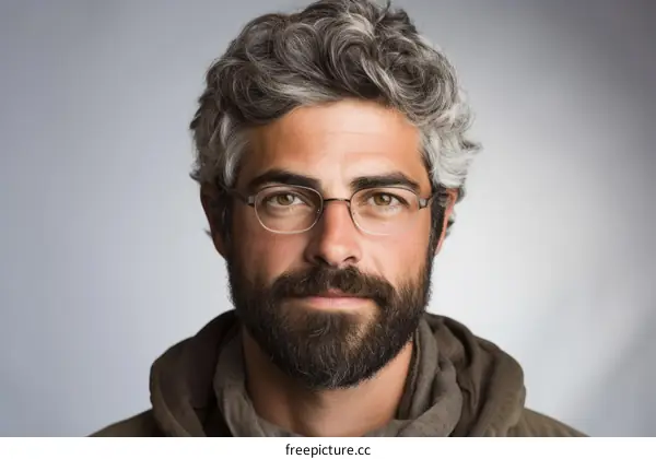 Portrait of a Bearded Man with Gray Hair and Glasses