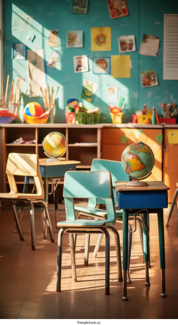 An Empty Classroom with a Globe on the Desk