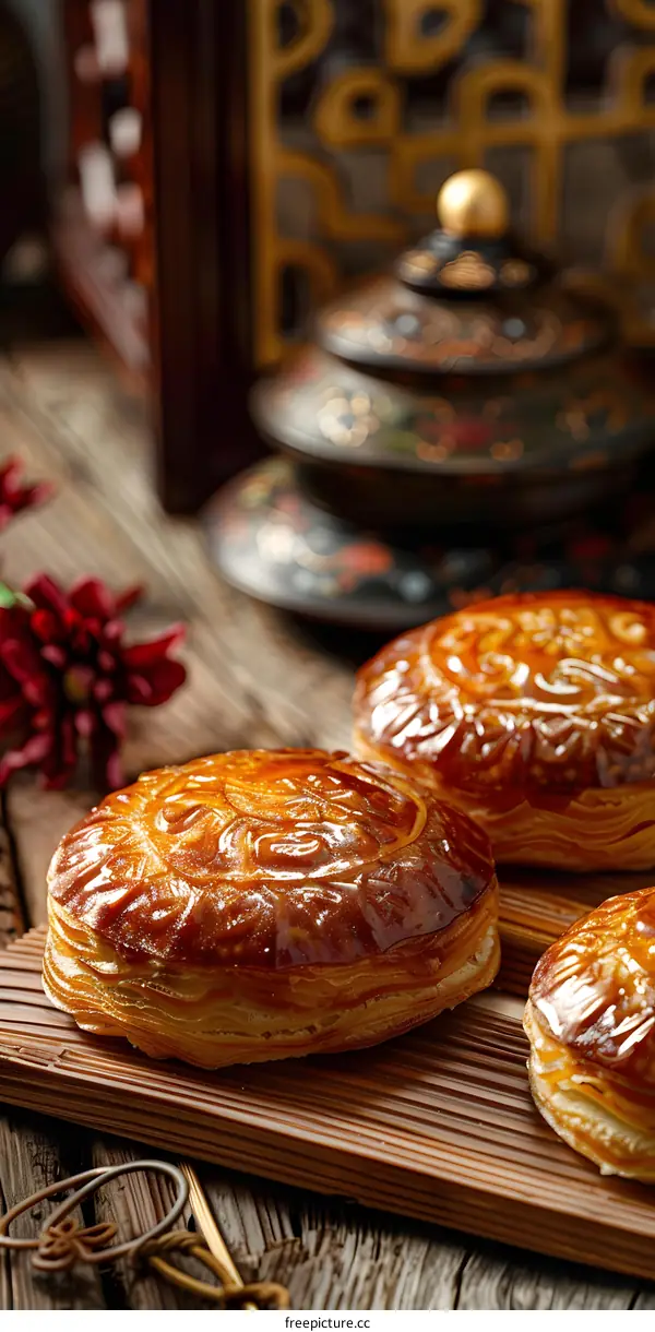 Golden Pastry on Wooden Board with Flowers