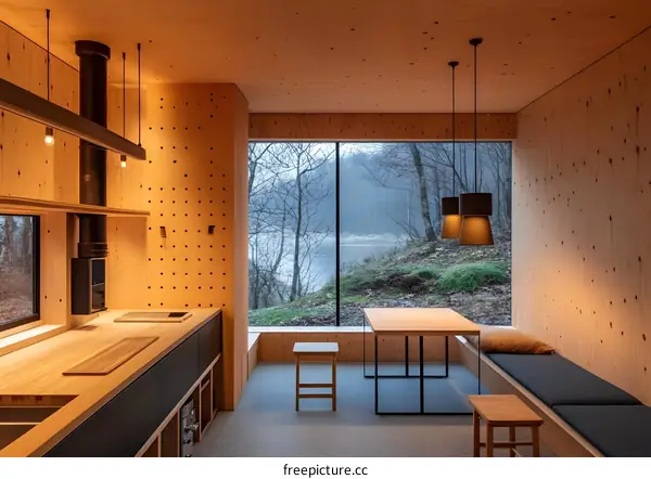Modern Minimalist Cabin Kitchen with Wood Interior and Window View