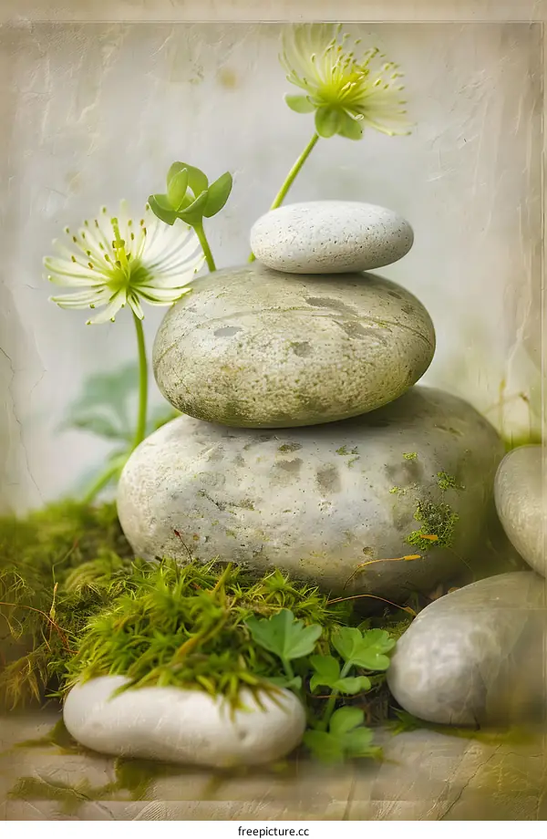 Stacked Stones and Flowers in a Green Garden
