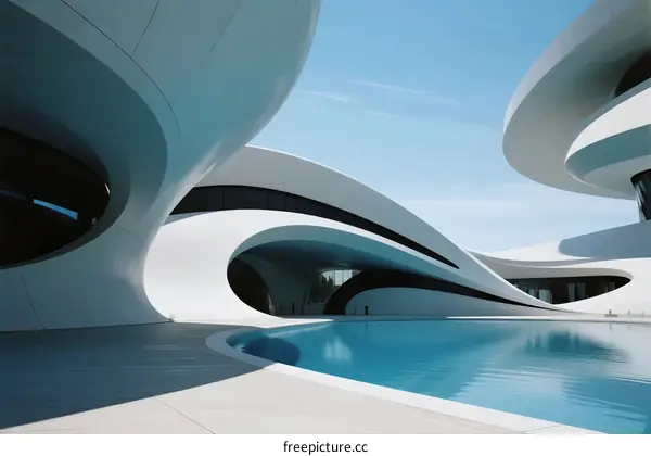 Modern Curved Architecture with Reflective Pool and Blue Sky