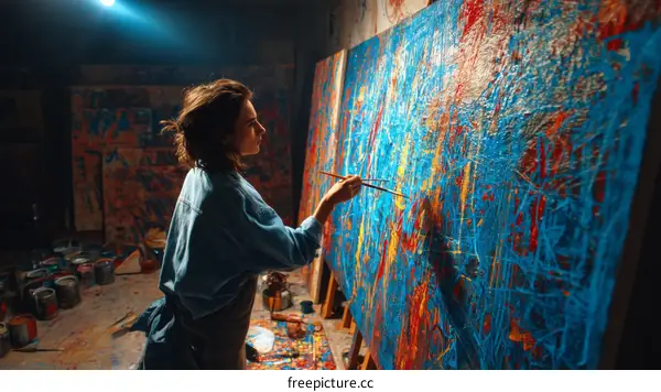 Woman Artist Painting in Abstract Art Studio