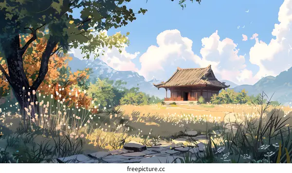 Peaceful Asian Style House Illustration with Mountains and Sky