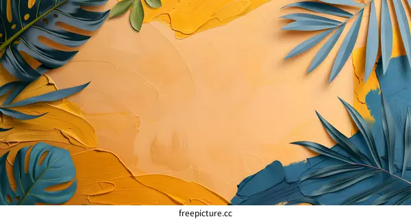 Tropical Leaves on Abstract Yellow and Blue Paint Background