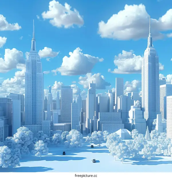 3D Cityscape with White Buildings and Blue Sky