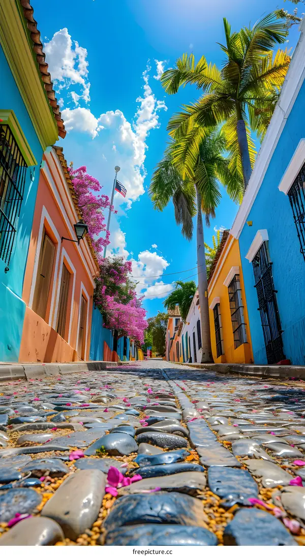 Cobblestone Street With Colorful Buildings and Palm Trees