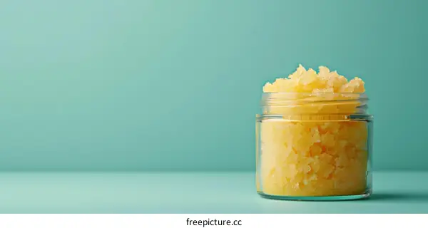 Close up of yellow body scrub in glass jar against green background