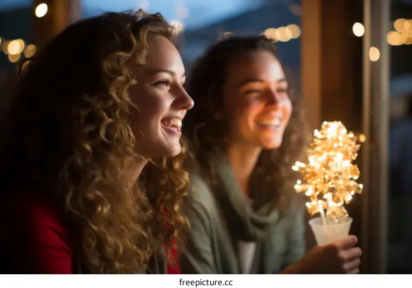 Two young women looking at Christmas lights