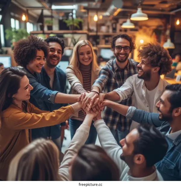 Diverse group of business professionals in a modern office joining their hands together