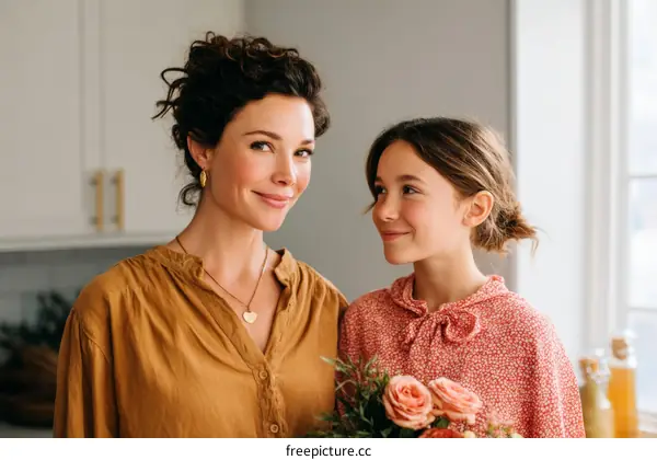 Two women standing together holding flowers in a kitchen