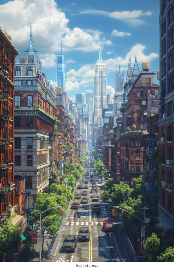 City Street Scene Illustration with Cars and Buildings