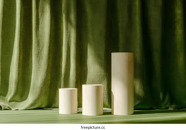 Wooden Cylindrical Display Stands Against Olive Green Drapes