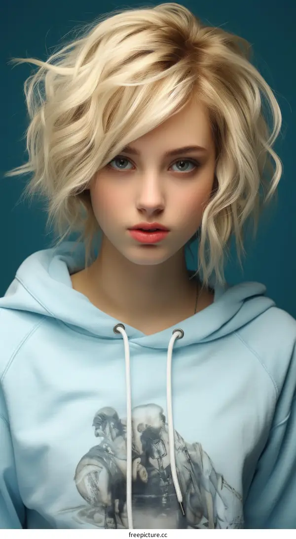 Portrait of a beautiful blonde woman with blue eyes wearing a blue hoodie