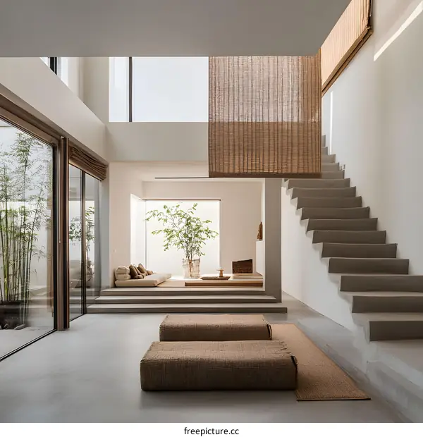 Minimalist Modern Interior Design with Concrete Stairs and Woven Mats