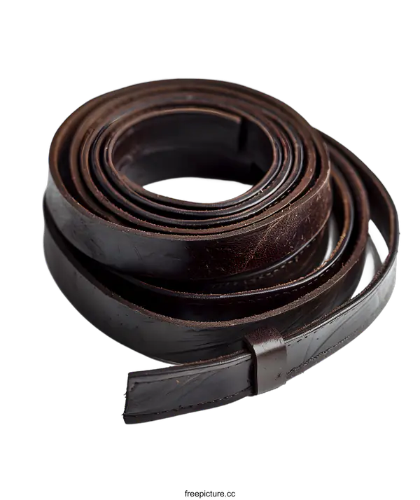 [Transparent Background PNG]A long brown leather belt is rolled up on a white background