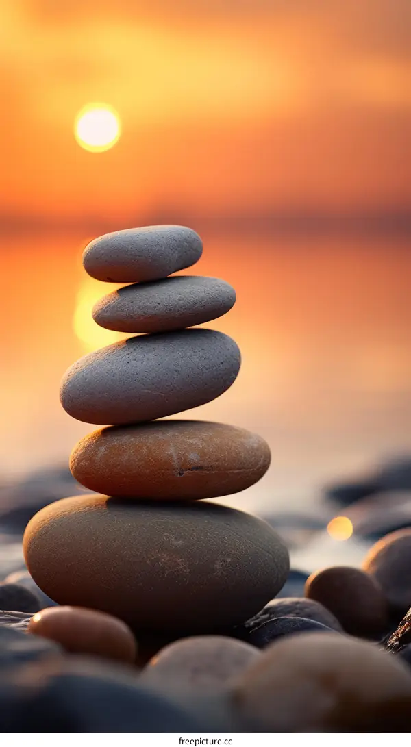 Beach Stones Stacked at Sunset