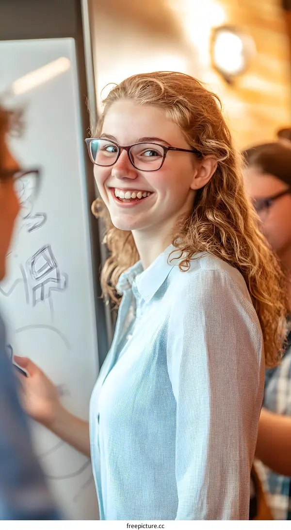 Smiling Woman Wearing Glasses in Front of Whiteboard