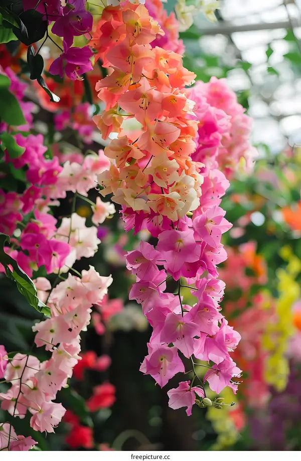 Pink Bougainvillea Flowers Hanging From A Branch