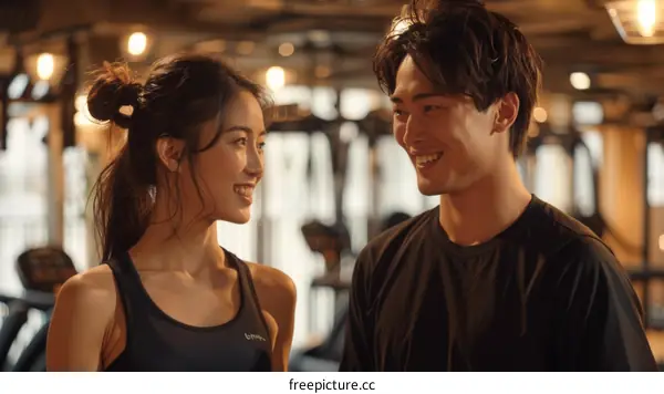 A young man and woman smile at each other in a gym