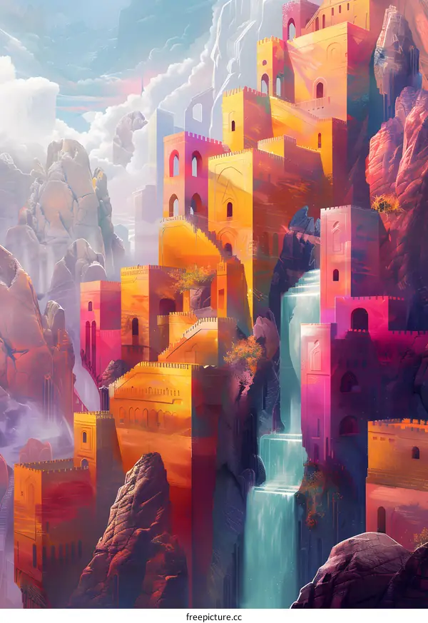 colorful ancient buildings on mountain cliffs