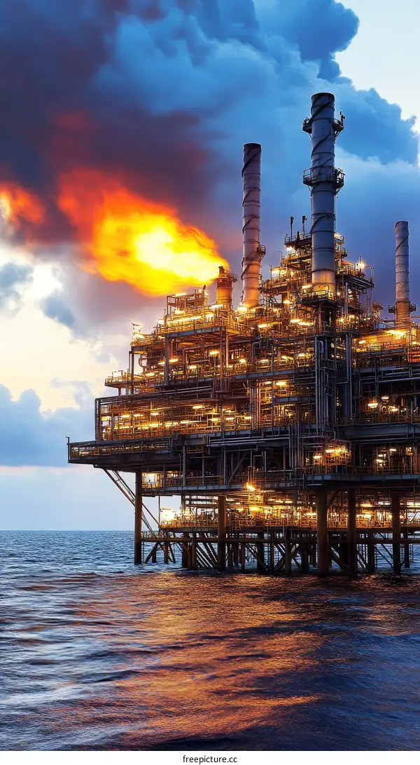Offshore Oil Platform at Sunset with Flames