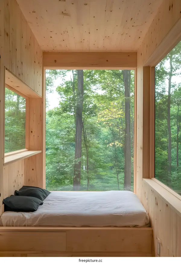 Wooden Cabin Bedroom with Large Window View of Forest