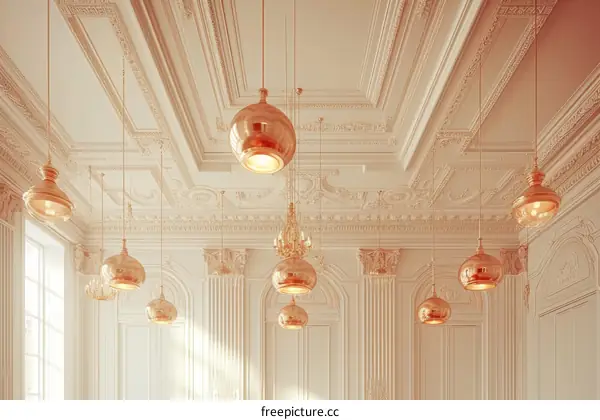 Ornate Ceiling with Hanging Copper Lamps