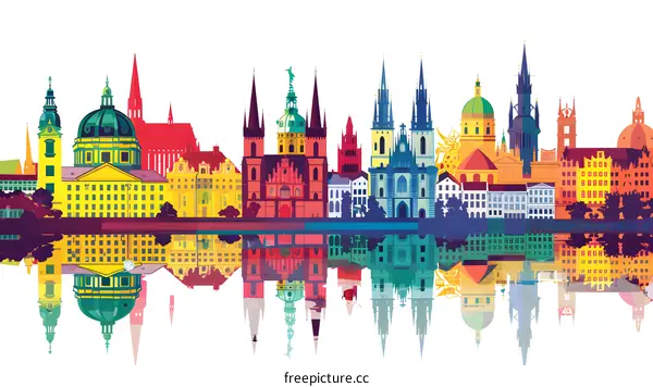 Colorful Illustration of Prague Skyline with Reflection