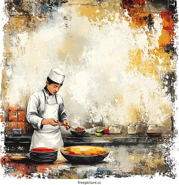 Chef Cooking Food in Kitchen with Watercolor Style