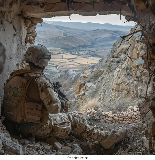 Soldier looking out from a destroyed building