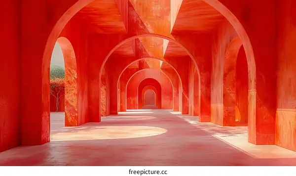 Dreamlike Corridor with Red Arches
