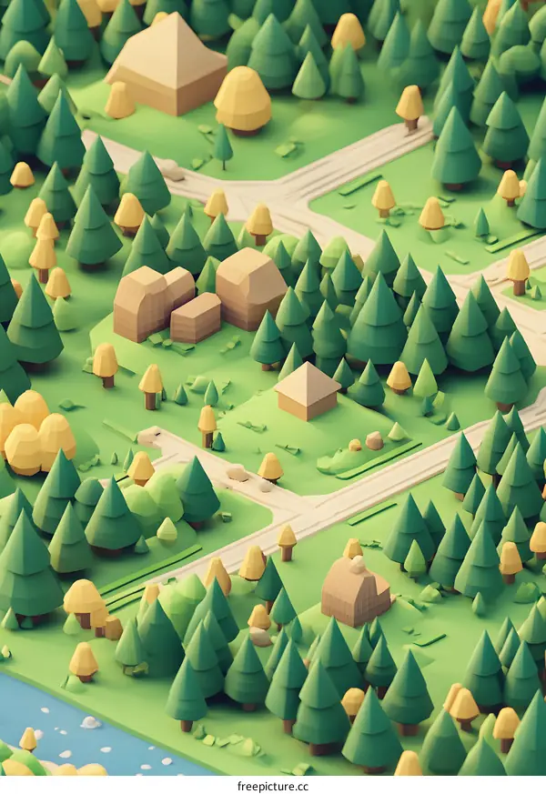 Low Poly Forest Scene with Houses