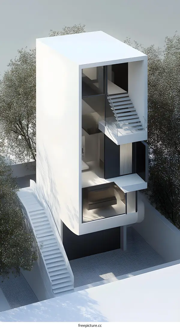 Modern Minimalist White House with Large Windows and a Curved Staircase
