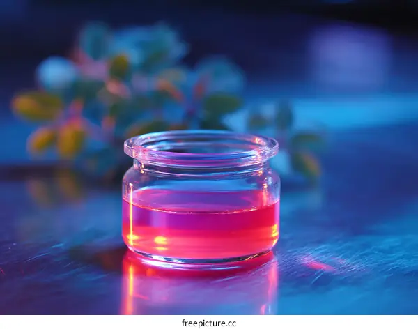 Colorful Glass Jar with Pink Liquid in a Laboratory Setting