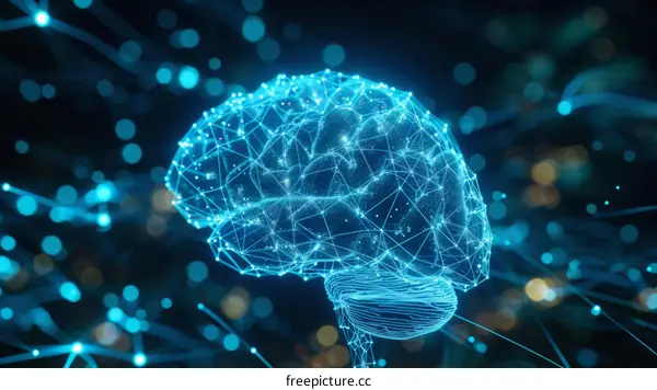 A digital illustration of a brain with a glowing blue network.