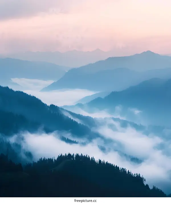 Mountain Range Covered in Fog and Clouds During Sunset