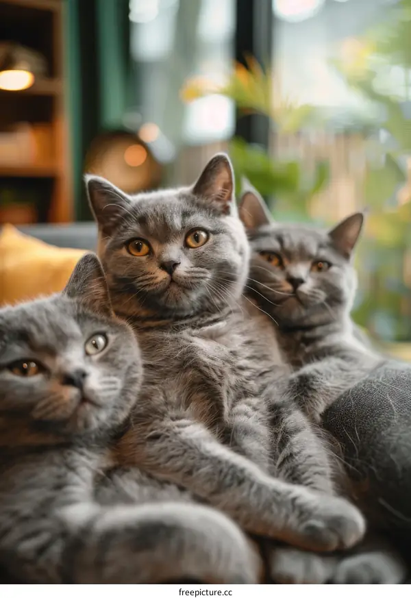 Three cute gray British Shorthair cats sitting on a couch looking at the camera