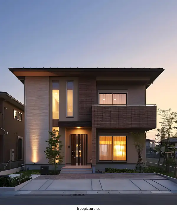 Modern Two Story House with Brick Facade and Large Windows