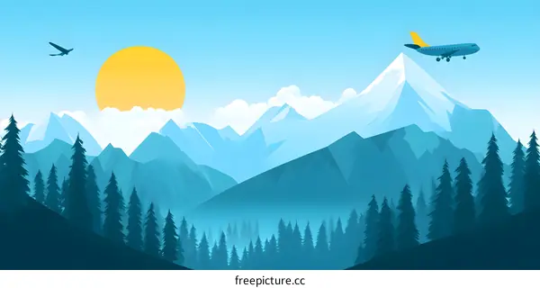 Mountain Landscape with Airplane and Sun
