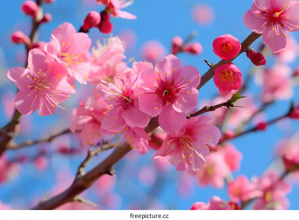 Pink Peach Blossoms Against Blue Sky
