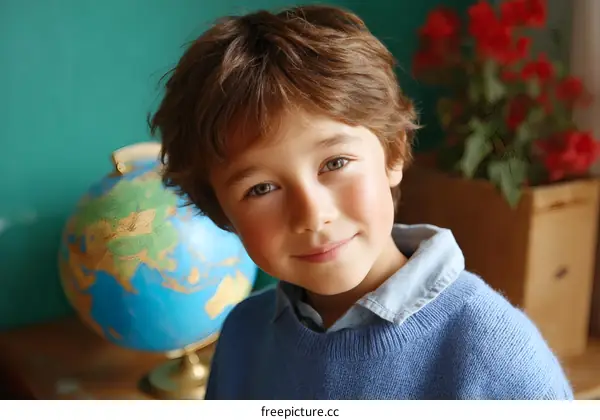 A Smiling Child Looking at the Camera with a Globe