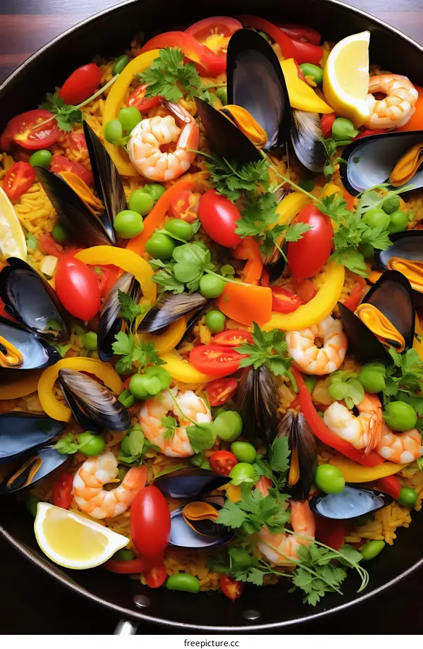 A delicious and healthy seafood paella with shrimp, mussels, and vegetables