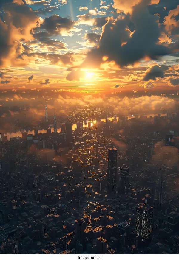 Sunset Cityscape Aerial View Illustration